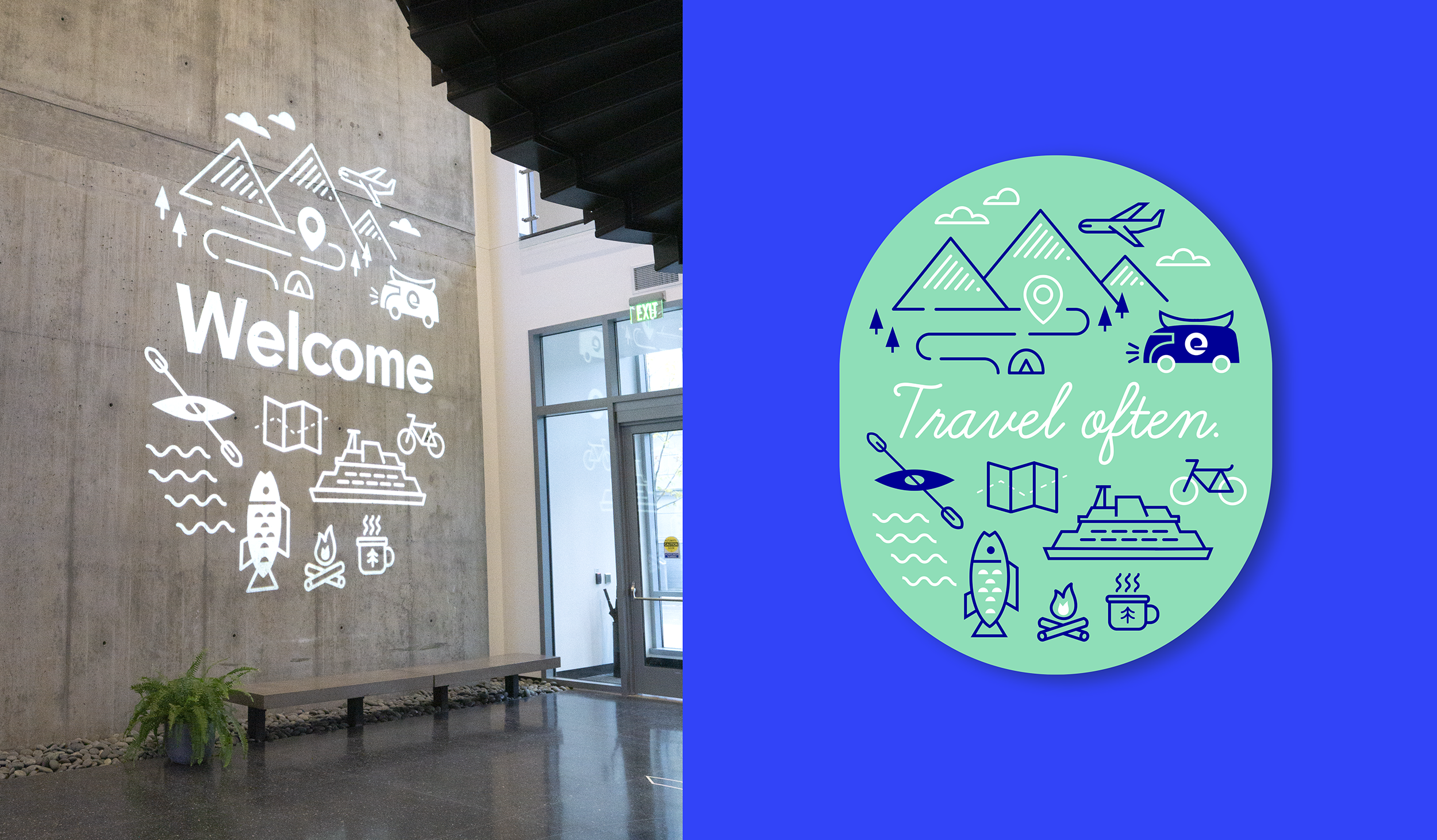 Welcome projected onto the wall at Expedia Group's headquarters