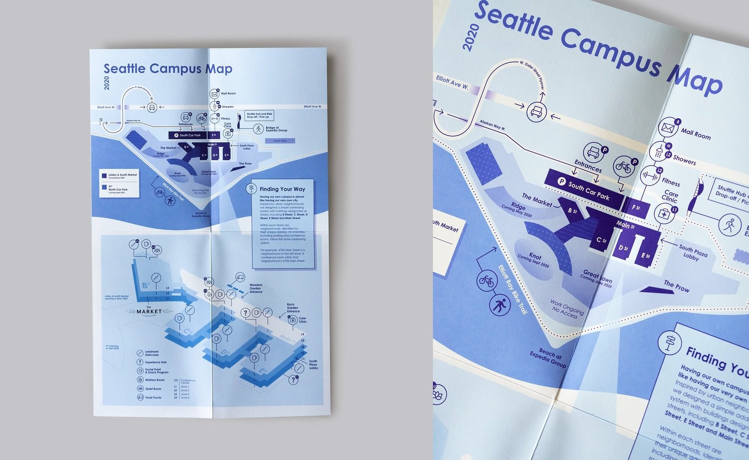 Printed campus guide unfolded as a map