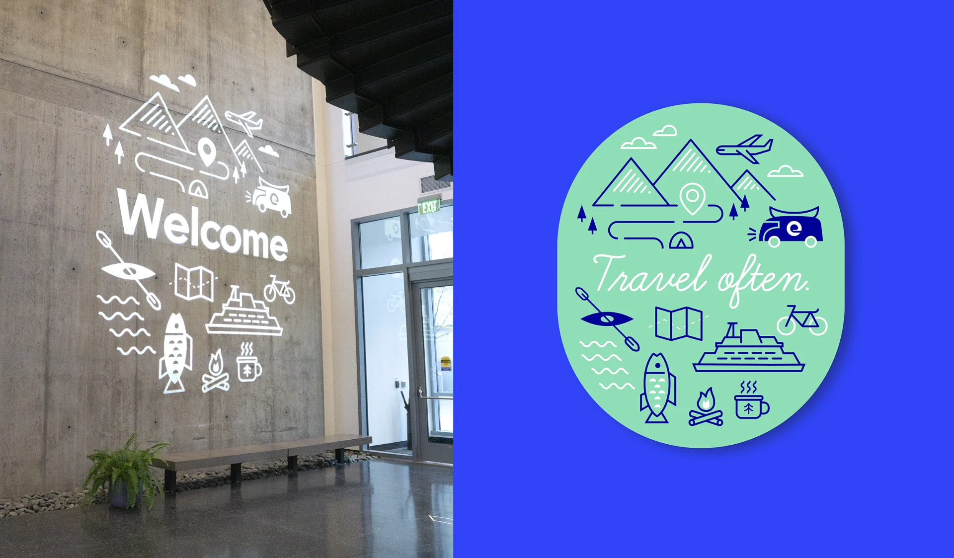 A welcome gobo projected on the campus lobby wall